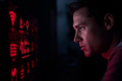 A focused professional analyzing an AI-powered dashboard showing brand sentiment recovery and reputation alerts.