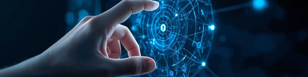 Futuristic dark background showing a human hand reaching toward a holographic interface with glowing blue connection lines symbolizing digital communication.