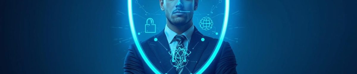 Professional standing before a glowing digital shield with lock icons, symbolizing data transparency, privacy protection, and user control.